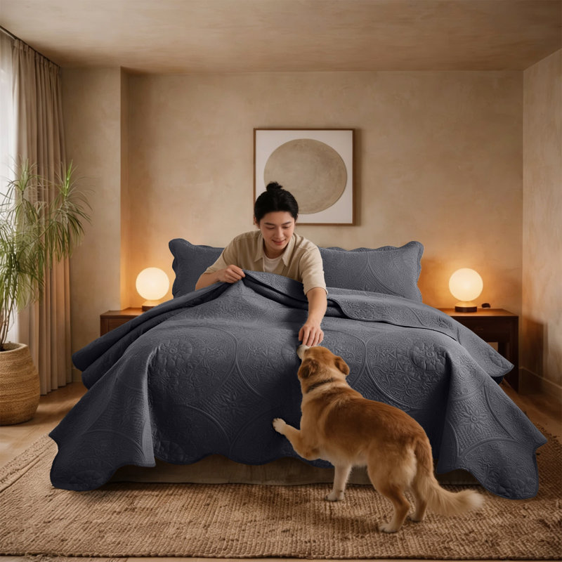 Floral Embossed Microfiber Quilted Bedspread Set, Twin Coverlet/Bedspread + 1 Standard Pillowcase, Charcoal