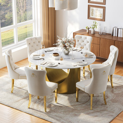7-Piece Rock Plate Dining Set, 59" Round Marble-Look Tabletop With Brushed Gold Stainless Steel Base & 6 Velvet Upholstered Dining Chairs