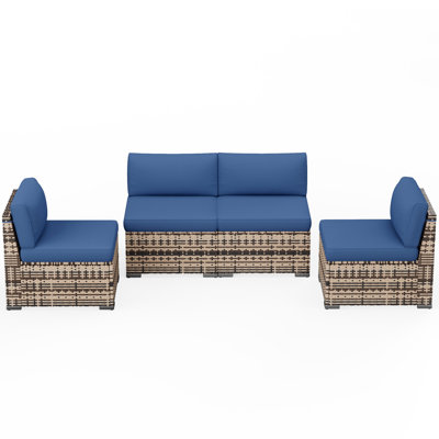 Outdoor Yellow PE Rattan Slant Back Wicker Sofa, 4 Armless Sofas Set, All-Weather Patio Couch For Porch, Backyard, Garden