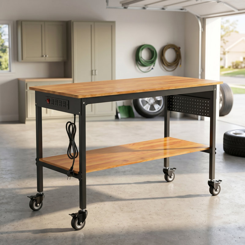 Établi à hauteur réglable, table de travail robuste de 59 pouces avec plateau en chêne massif, prise de courant intégrée, panneau perforé, tablette de rangement inférieure, roulettes verrouillables et pieds de nivellement pour atelier de garage