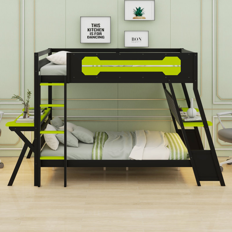 Lits superposés avec ports USB intégrés et organisateur de panneau perforé, Lit double, Noir/vert