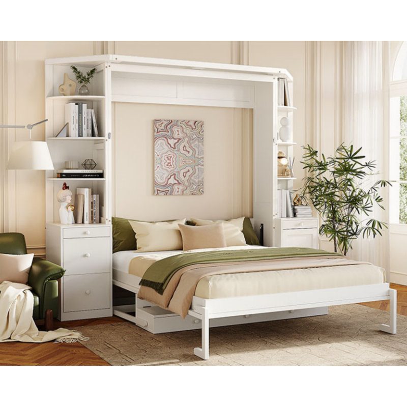 Grand lit pliable grand format avec bureau, tablettes de rangement et armoires, comprenant un lit mural dissimulé, Blanc
