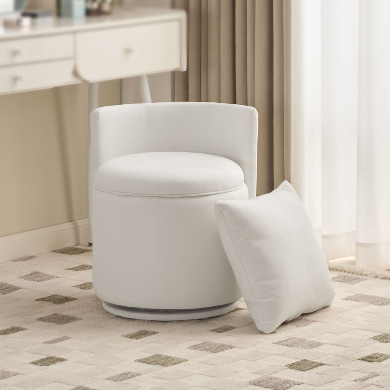 Fauteuil de coiffeuse pivotant à 360 ° avec rangement, repose-pieds rond en cuir PU avec coussins, tabouret de maquillage moderne sans assemblage pour la chambre à coucher, la commode et le salon (blanc)