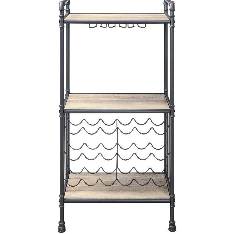 Porte-bouteilles en chêne antique et gris sable avec une touche industrielle - peut accueillir 18 bouteilles, un support à verres à pied de style industriel