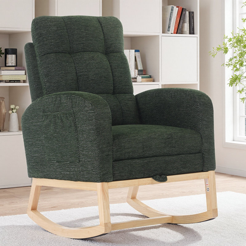 Dark Green Modern Plush Rocking Chair with Adjustable Footrest & Side Pocket — Ultimate Comfort Lounge Armchair, Dark Green