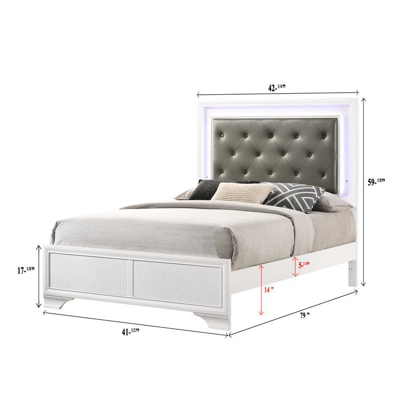 Lit moderne pour lit simple avec tête de lit tapissier en faux diamant et porte-gobelet en crocodile blanc