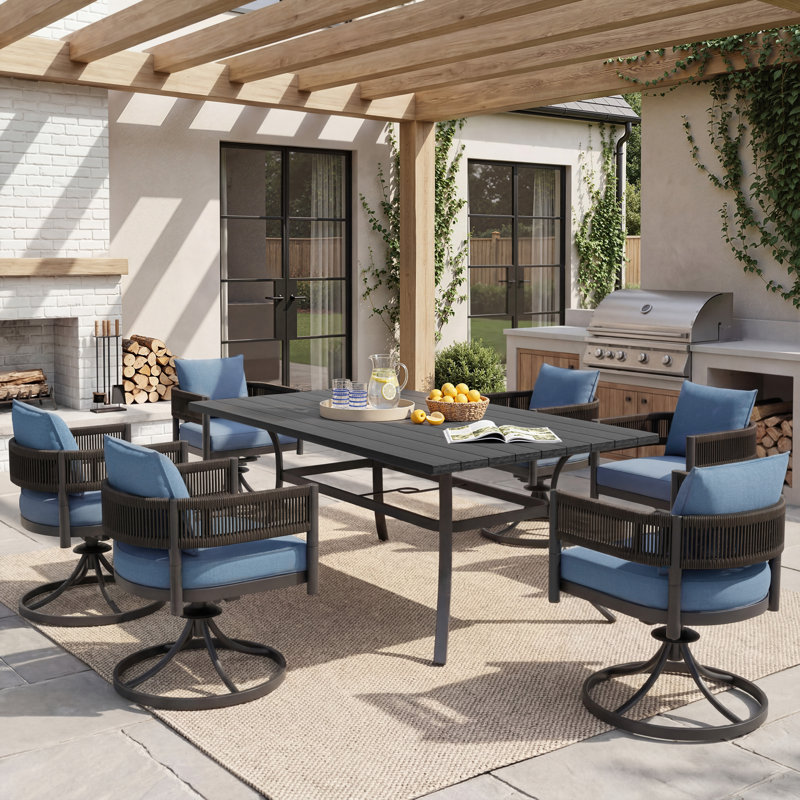 7-Pieces Wicker Steel Dining Sets, Teal/Black
