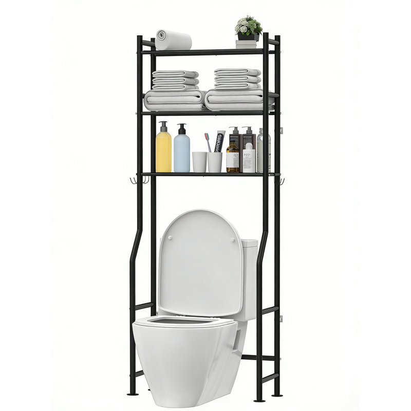 3-Tier Over The Toilet Storage Shelf, Freestanding Metal Unit With 4 Hooks And Paper Holder