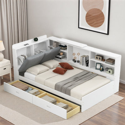 Lit plateforme avec 2 tiroirs, tablettes de rangement, tête de lit tapissier et plateau de rangement rotatif