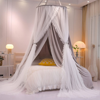 Rideau de lit à baldaquin rond double couche style princesse pour filles et adultes, moustiquaire de rêve pour enfants, décoration mignonne pour chambre à coucher, tente de jeu château, coin lecture (Dôme - Gris/Blanc)