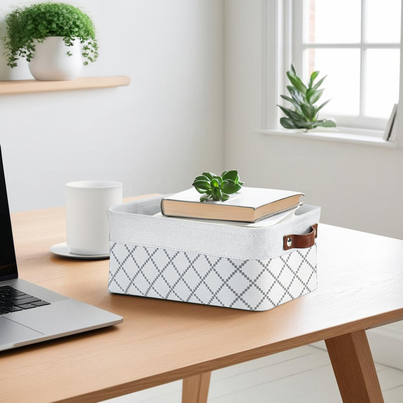 Decomomo Foldable Storage Bin | Collapsible Sturdy Cationic Fabric Storage Basket Cube W/Handles, White/Beige