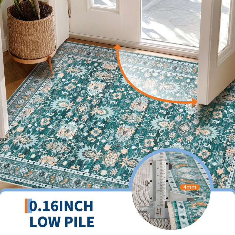 Garvee Large Area Rug 9x12 Vintage Rug Non Slip, Thin Washable Oriental Carpet, Soft Non Shedding Floor Covering, Low Pile Foldable Printed Mats for Open Spaces Office Hotel, Green
