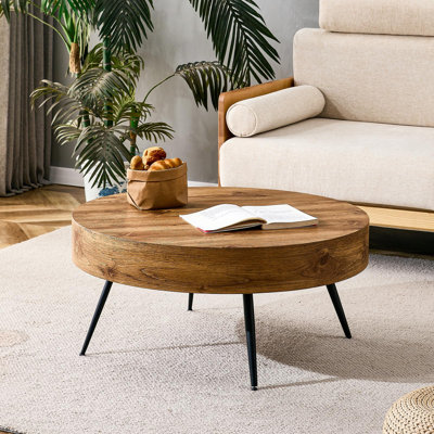 31.5" Round Coffee Table with Storage, Mid-Century Modern Design with Wood Top and Metal Legs, Accent Center Table for Living Room or Apartment (Brown)