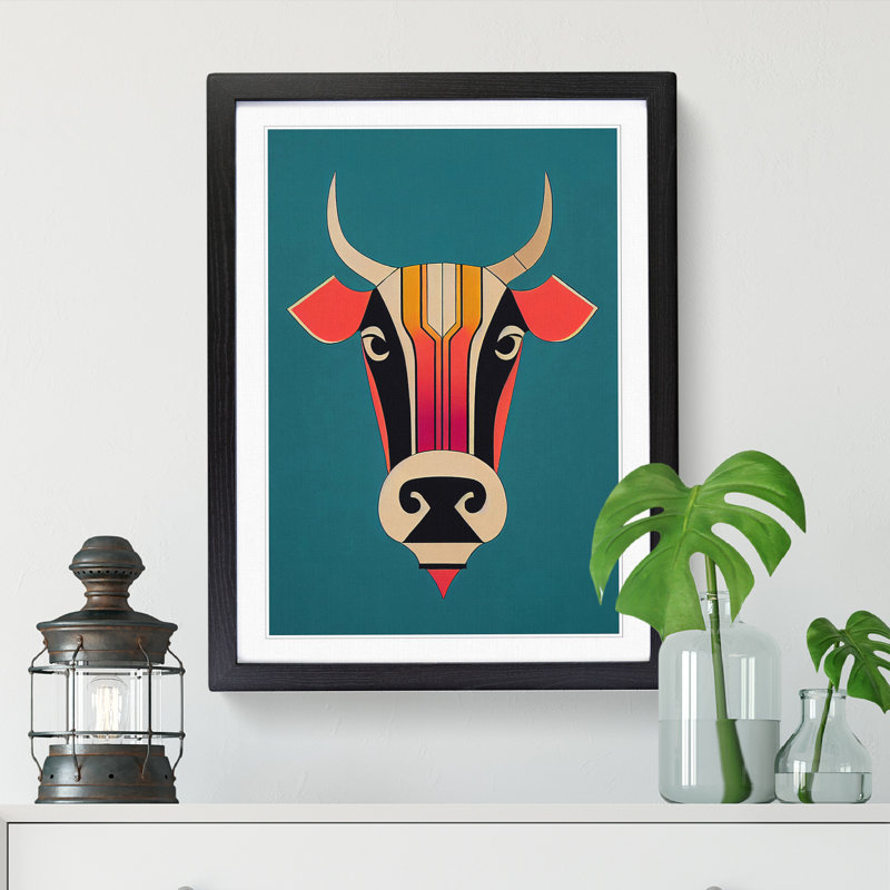 Leutrim Cow Art Deco Style - Picture Frame Print, 34cm H x 25cm W x 2cm D, Walnut