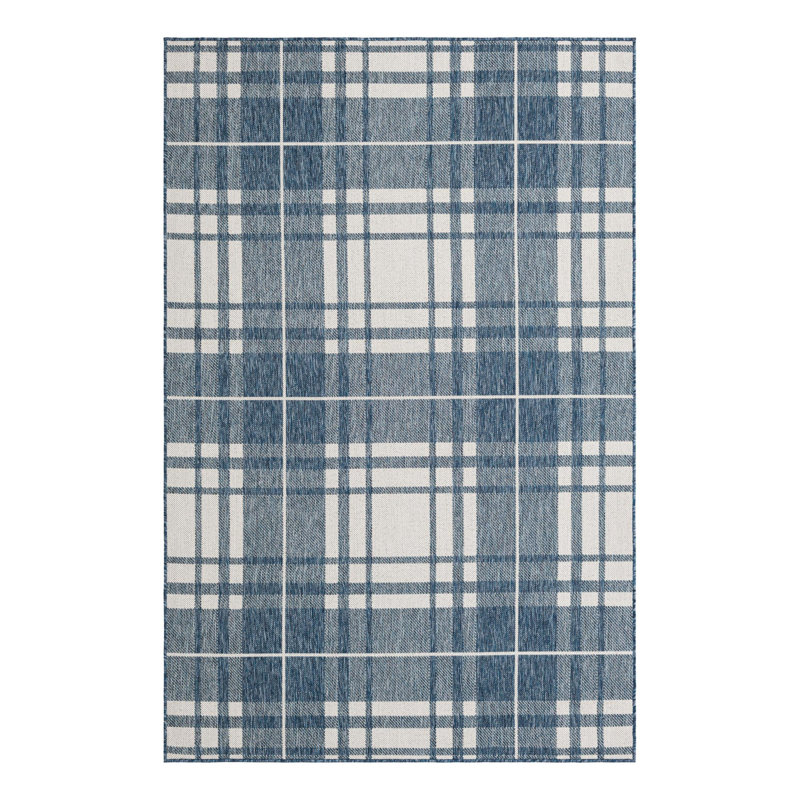 Tereon Plaid Machine Made Power Loom Polypropylene Plastic Indoor/Outdoor Area Rug in Blue/White, Round 3'3"