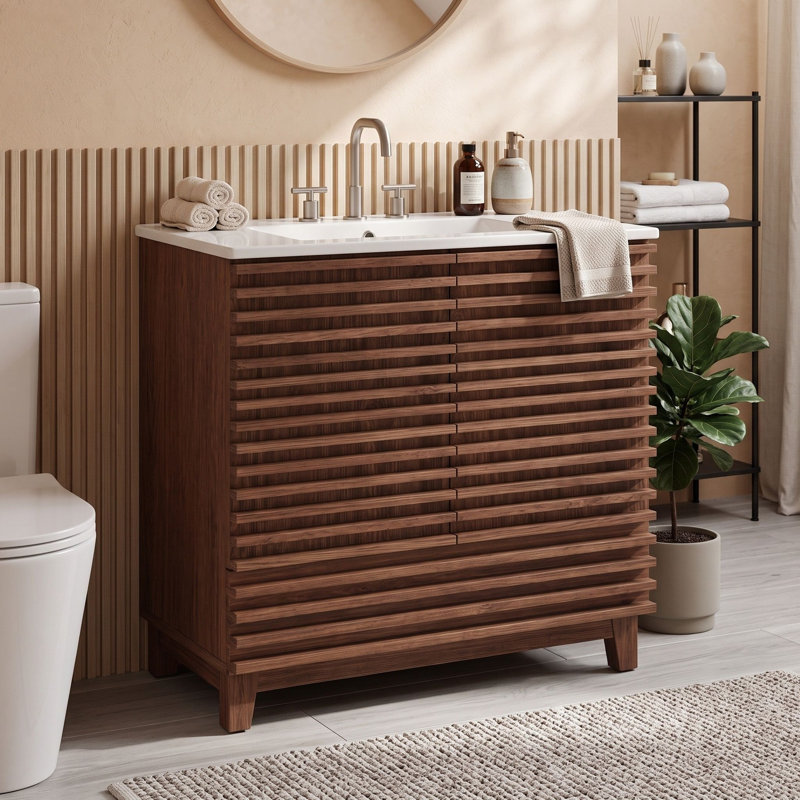Meuble-lavabo de salle de bain avec lavabo et tiroir en céramique, Walnut Brown