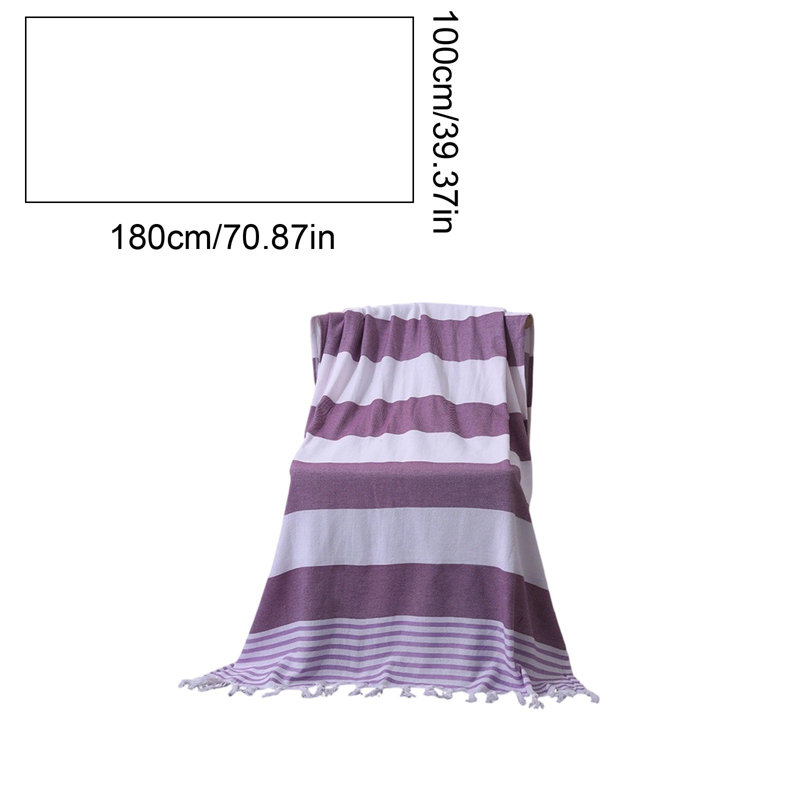 Striped Cottons Beach Towel 100x180cm With Tassels, Purple