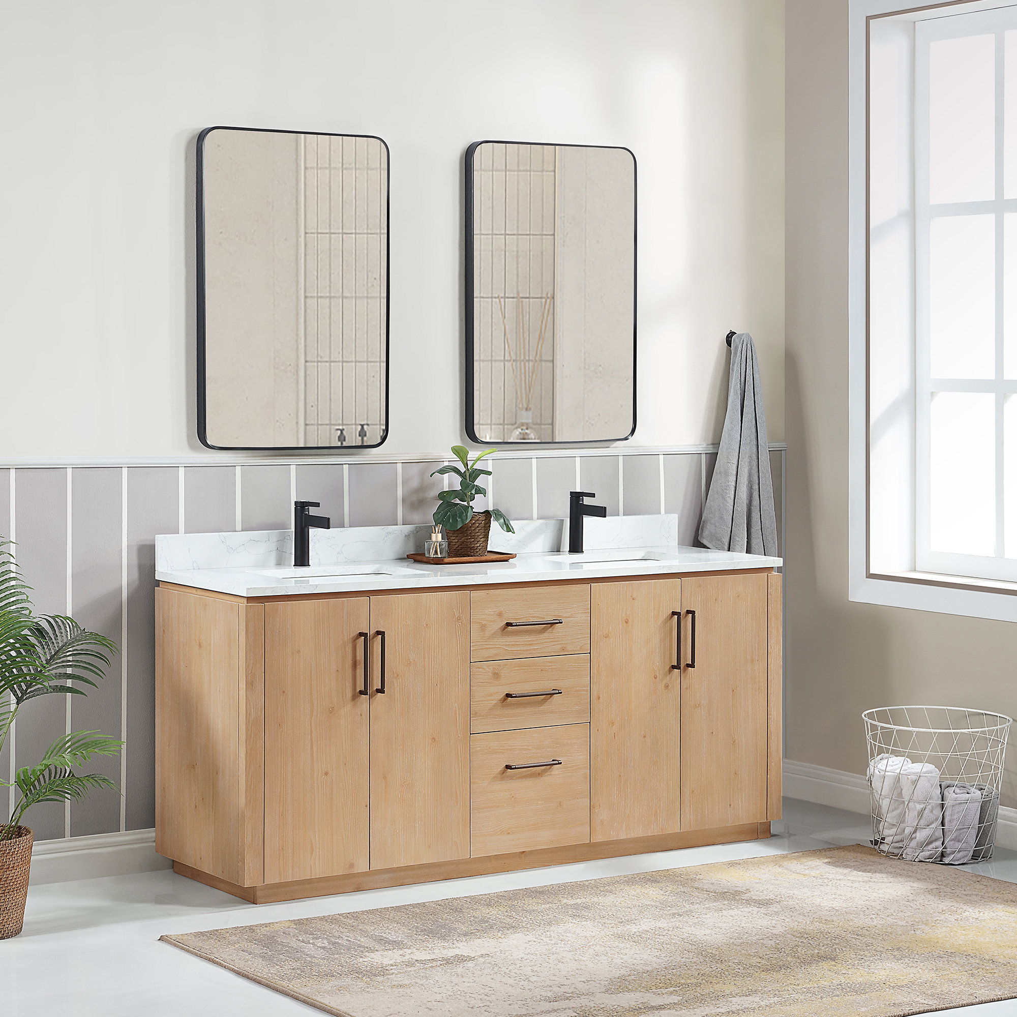 Vinnova San 72" Double Bath Vanity with Grain Composite Stone Top and ...