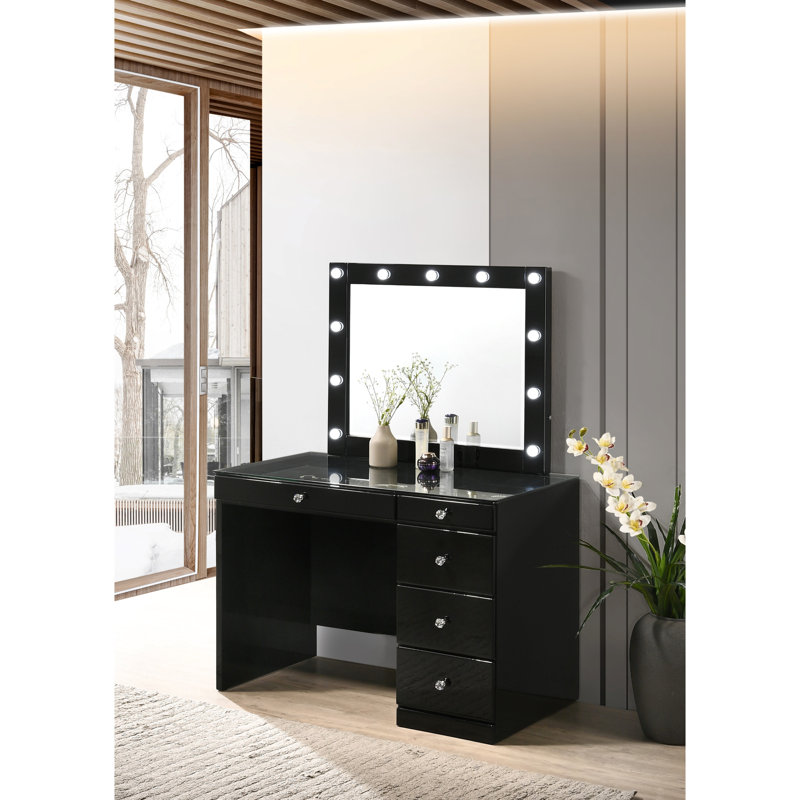 Bedroom Makeup Vanity Table In Style, 5 Drawers, Black Finish And Glass Top Contemporary With, Black