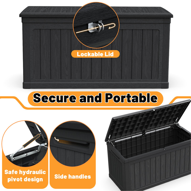 Boîte de rangement pour terrasse 230 gallons, résine imperméable et verrouillable, idéale pour ranger les fournitures de piscine et les coussins d'extérieur, structure à double paroi robuste, polyvalente comme table ou banc supplémentaire, 32 po