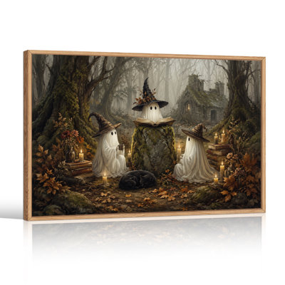 Trois fantômes dans des chapeaux de sorcière, art mural d'Halloween aux chandelles, automne