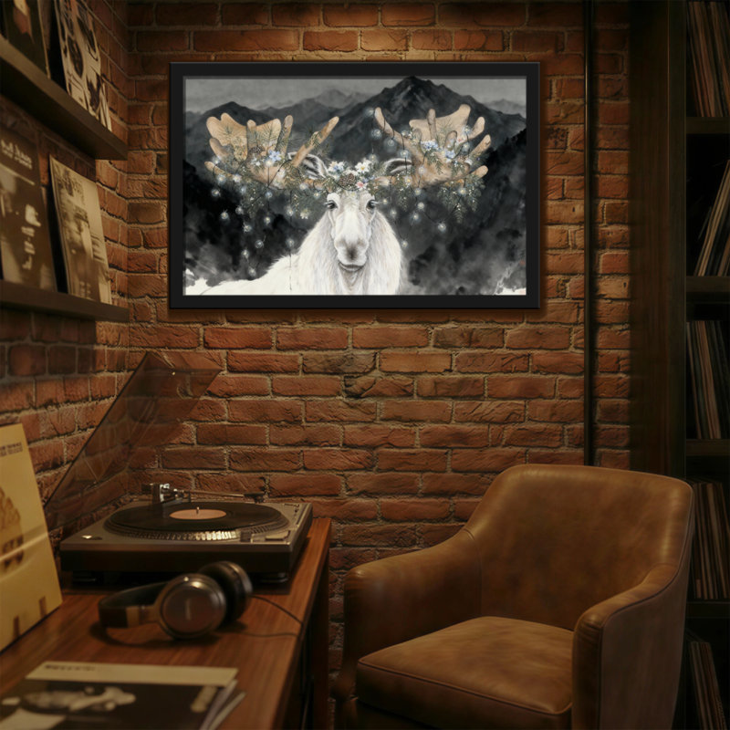 Cerf de Noël avec des bois et des montagnes, H 24 po x l 36 po