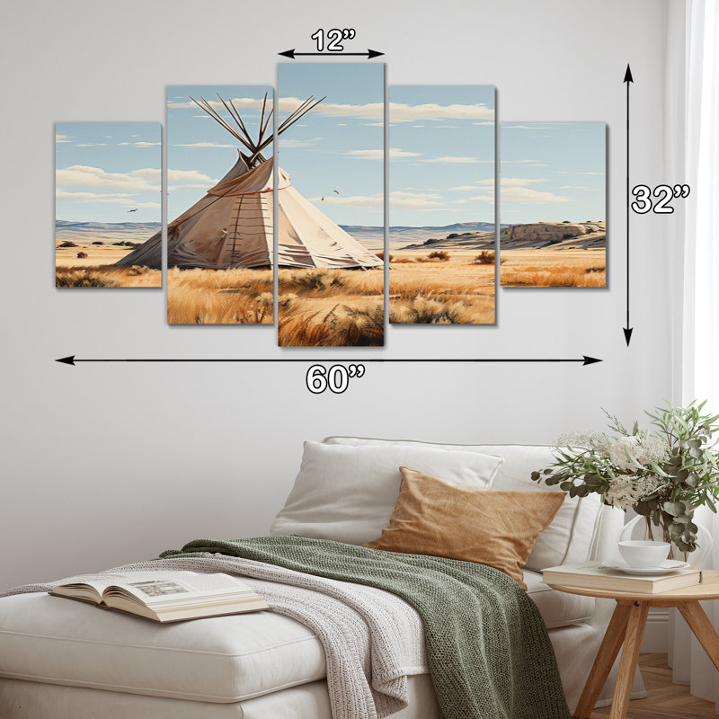Beige Native Tipi Whispers Of Spirit - salon d'art mural amérindien - 5 panneaux