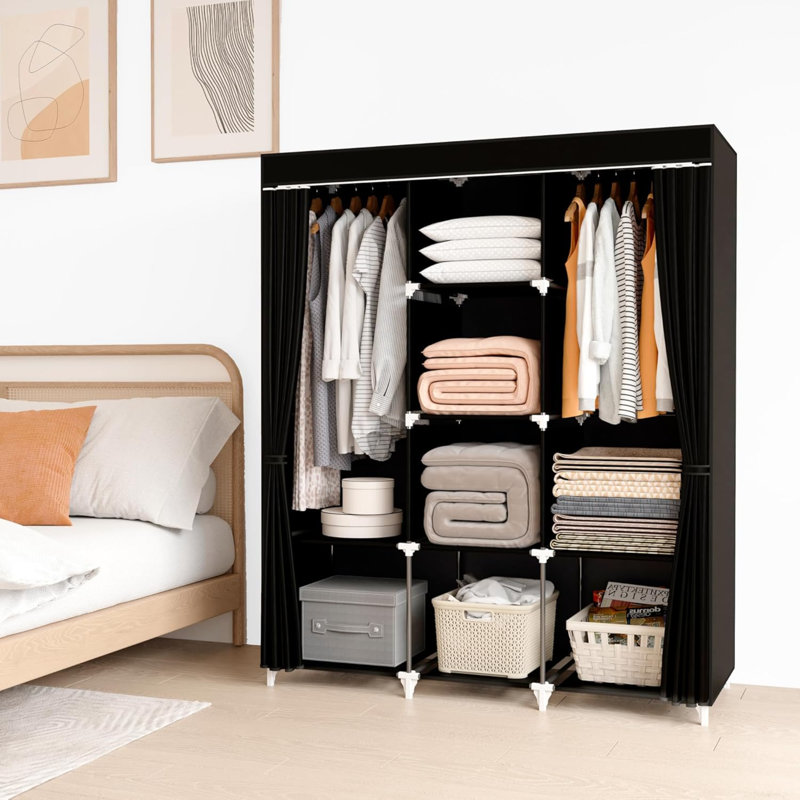 Penderie portative, garde-robe de 51 po pour suspendre les vêtements avec 2 tringles, 8 tablettes de rangement pour la chambre à coucher, durables et faciles à assembler, noir