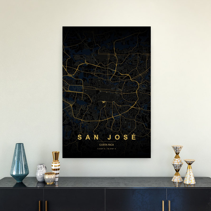 Golden City, carte de la ville abstraite moderne, art mural, 36" H x 24" W
