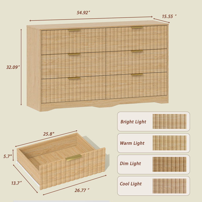 Ensemble de chambre à coucher 3 pièces avec commode à 6 tiroirs et ensemble de 2 tables de chevet, Beige