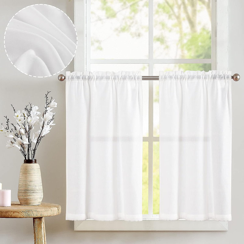 Klyde Linen Blend 26'' W Cafe Curtain Kitchen Curtain, White, 26" W x 36" L
