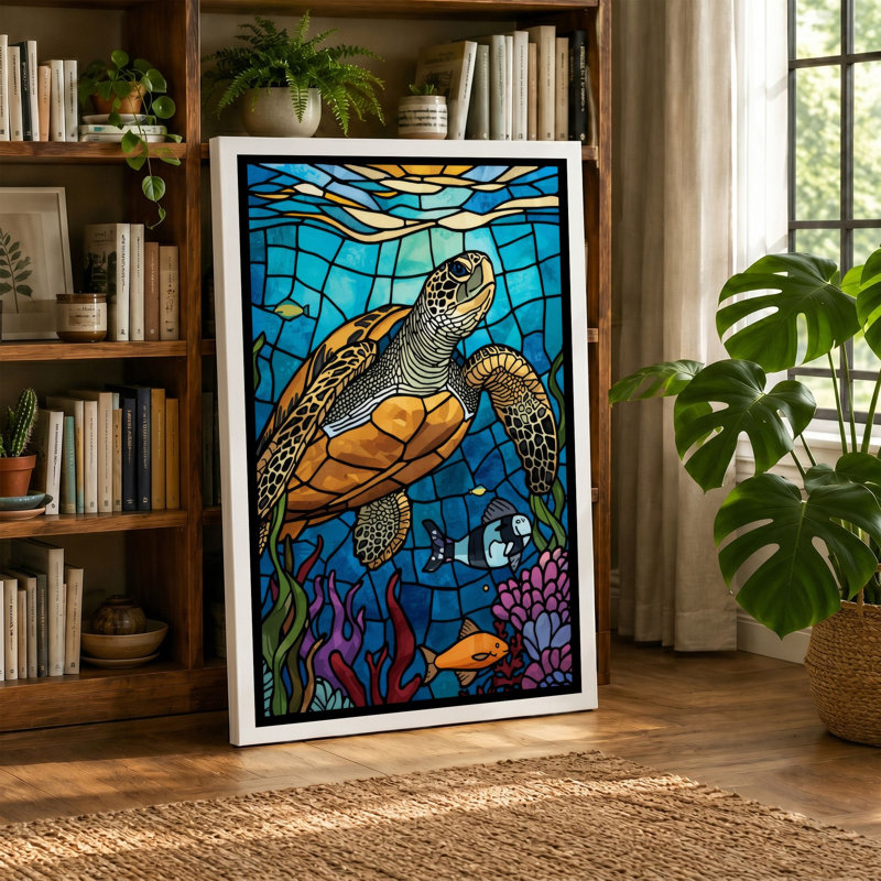 Turtle in Stained Glass Coastal - Wrapped Canvas, 18x12 - 45.7 x 30.5 cm, Cream Border