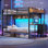 Lit superposé simple au-dessus de simple avec bureau et 3 tiroirs de rangement, lit mezzanine à DEL avec tablette de rangement et boîtes noires