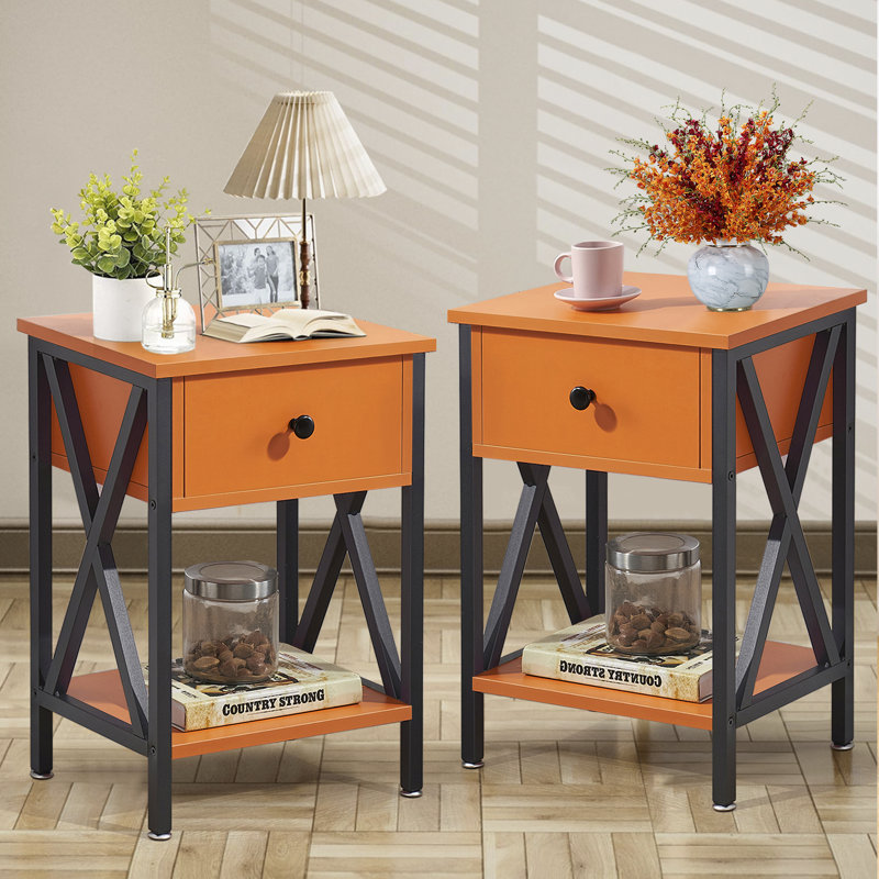 Alameen 22" Tall Nightstand, End Side Tables with Storage Drawer and Open Wood Shelf for Bedroom, Orange