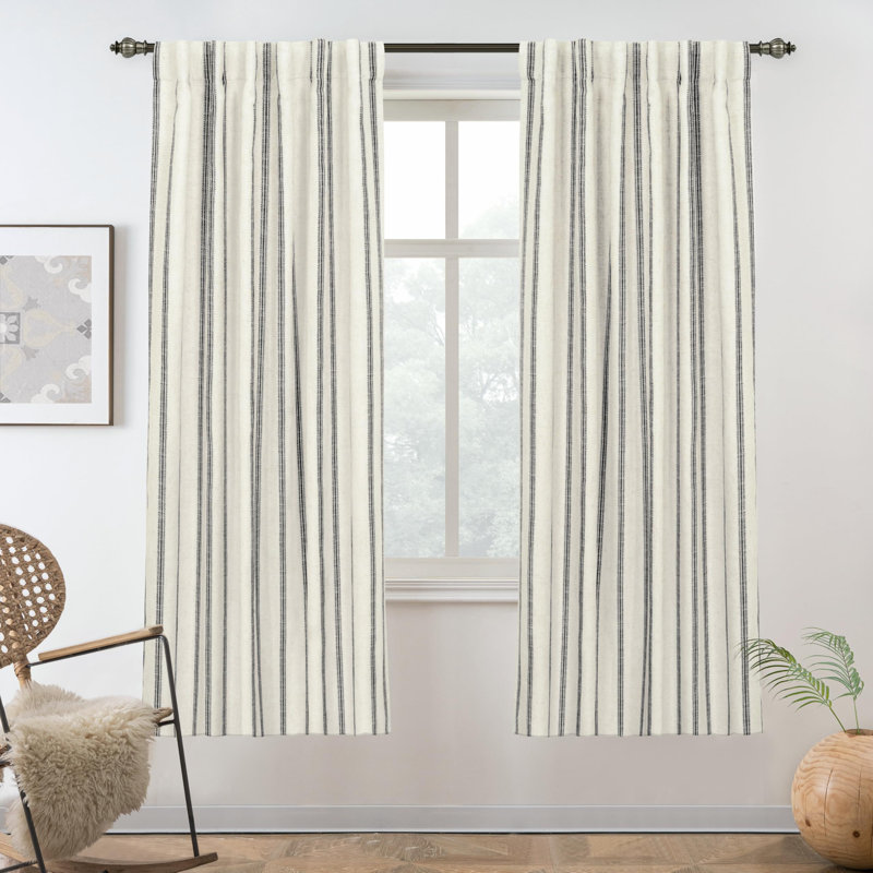 Blackout Curtain Pair, 52" W x 36" L, Red Stripe/Light Linen-Back Tab