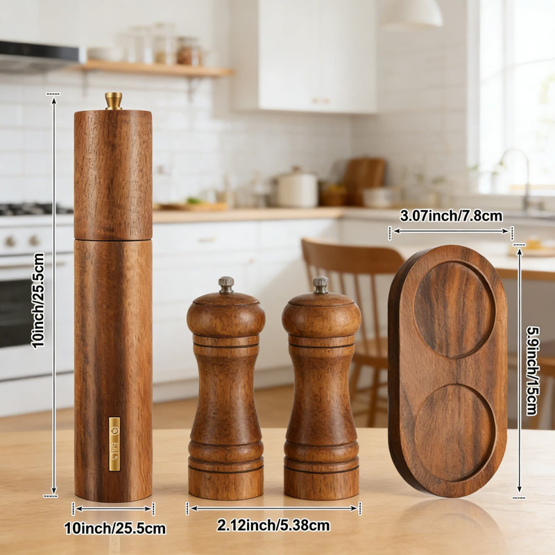 Ensemble manuel de moulins à sel et à poivre avec plateau - Meulage réglable en céramique, moulins à bois d'acacia faciles à remplir pour la cuisine
