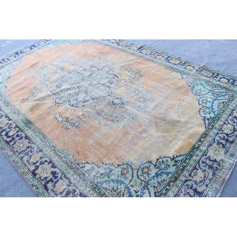 Grand tapis turc antique en laine Oushak de style nomade orange et bleu antique