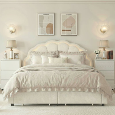 3-Piece Bedroom Sets, Modern Upholstered LED Bed with Drawer & 3-Drawer Nightstands With Charging Port, Full Bed Frame