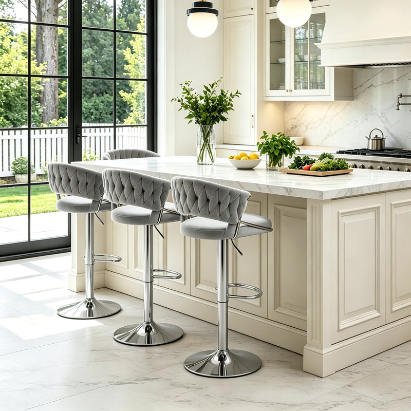 Christal Swivel Upholstered Adjustable Height Counter Stool, Gray, Silver