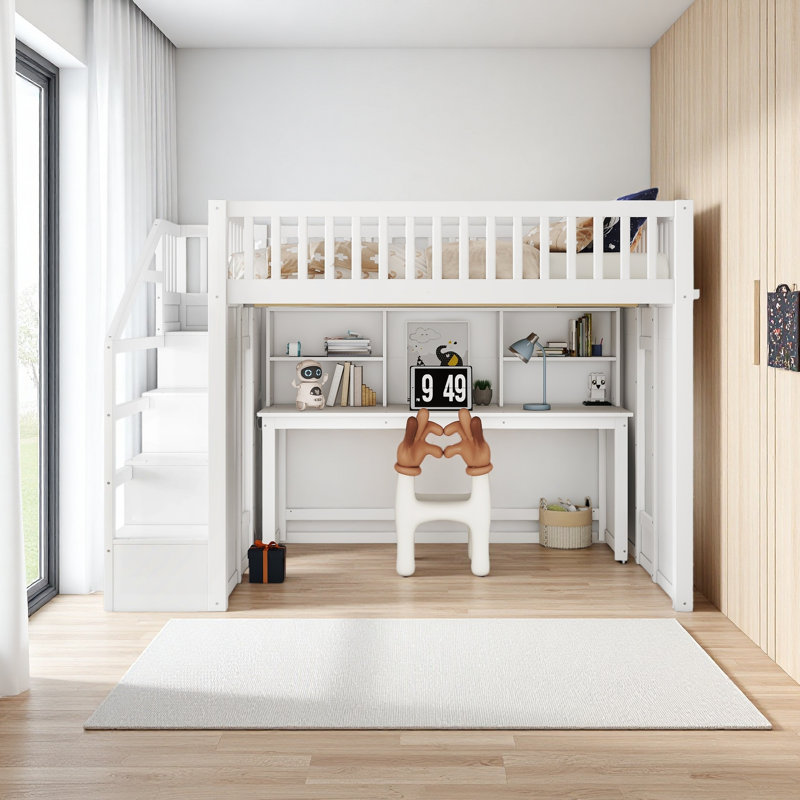 Lit mezzanine avec bureau mobile et tablette de rangement, avec escalier de rangement, Lit double, Blanc