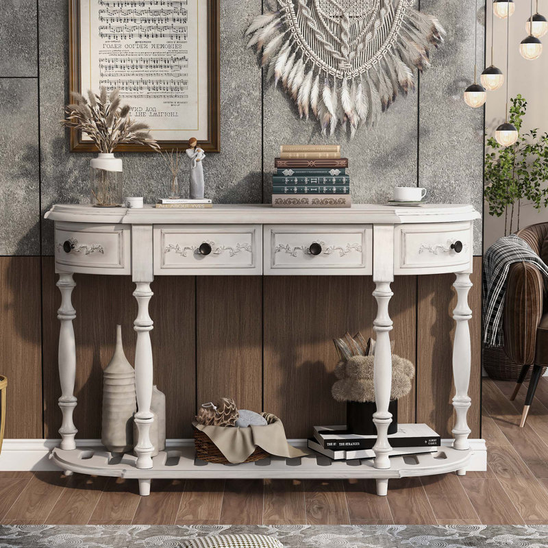 Table buffet en bois de pin massif 4 tiroirs Cenie, Blanc antique
