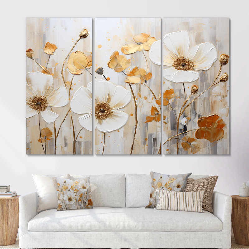 «Elegant Beige Gold Buttercups Meadow» - ensemble d'art mural Buttercups, Toile tendue, H 40 po x l 60 po x P 1 po