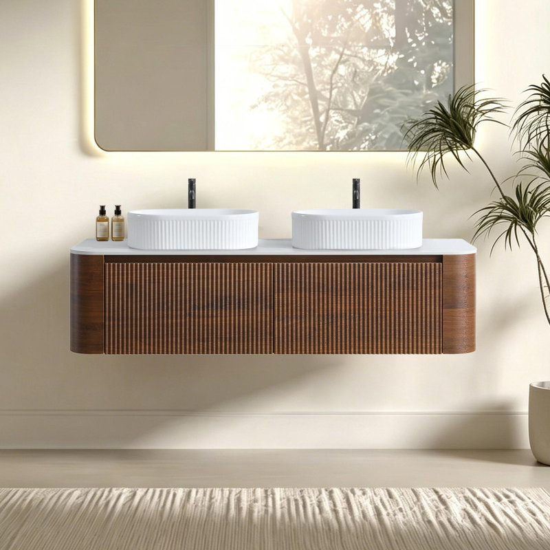 Meuble-lavabo double en céramique, Noyer, 60" W