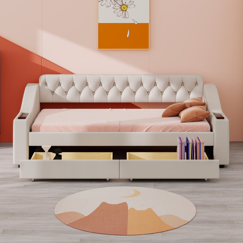 Upholstered Daybed With Drawers,Storage Armrests And USB Port, Beige
