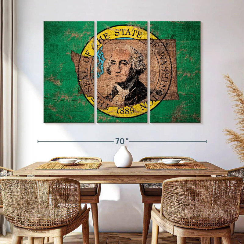 Borges State Map Over Washington Flag, 42" H x 65" W