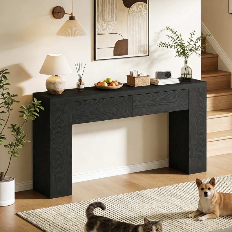 Console 63 po avec tiroirs, Noir