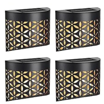 Solar Wall Lights Outdoor, 4 Pack IP65 Metal Lights, RGB and Warm White, Hollow Metal Shades for Fences Patios Decks Gardens