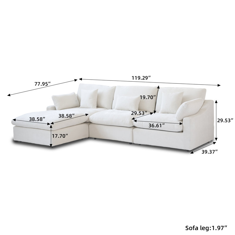 Canapé modulaire rembourré avec repose-pieds, Beige, H 29,53 po x l 119,29 po x P 77,95 po