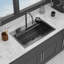 Évier de cuisine à cascade encastré noir Gunmetal - éviers de cuisine 31,5 x 21 po à simple cuve en acier inoxydable de calibre 16 avec robinet rétractable et laveuse à tasses