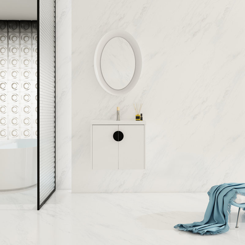 Lavabo de salle de bain mural, 24 po. Pour petites salles de bain, blanc brillant. Style moderne avec armoires à porte à fermeture en douceur. Bassin en céramique, exquis. Poignées en métal. Fabrication en contreplaqué, -. Assemblage